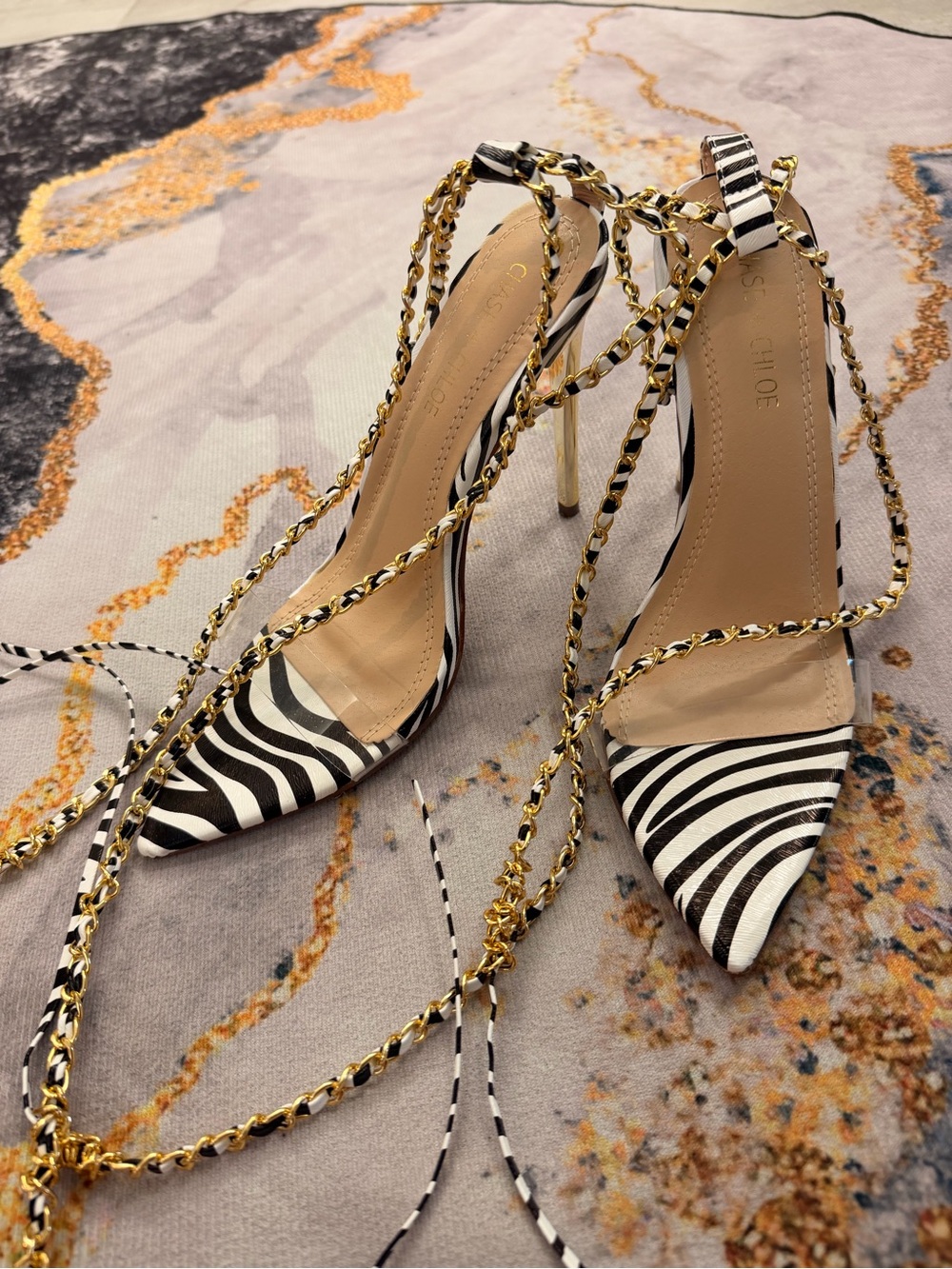 SHAN Zebra-Print Chain-Lace Stiletto Heels - Black/White